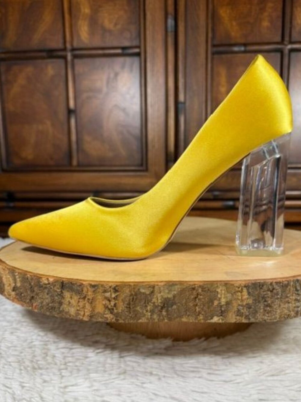 BIGTREE Yellow Satin Clear Lucite Block Heel Pointed Toe Pump - Picture 2 of 11